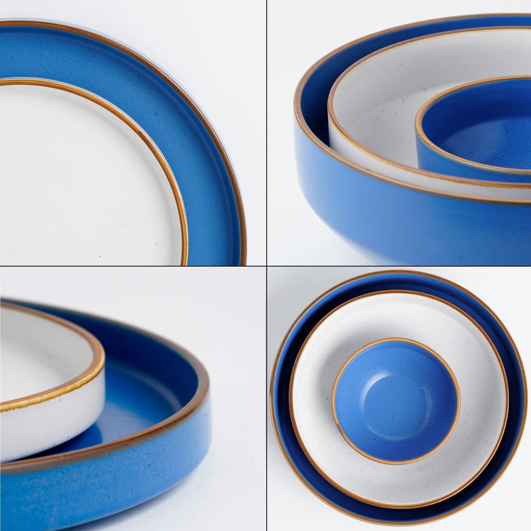 Set of blue and white ceramic dishes with gold trim on a light gray background