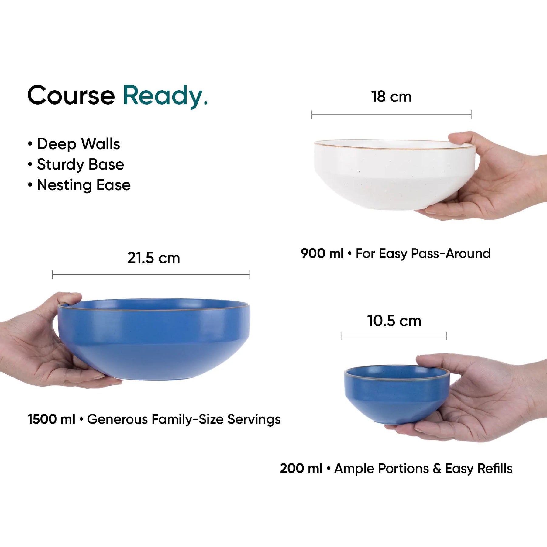 Three bowls of different colors held by hands with measurements and text on a white background.