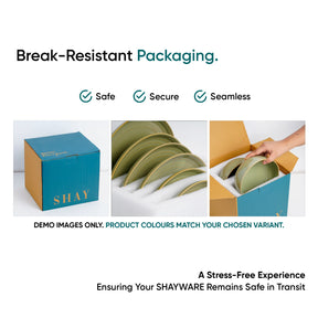 Advertisement for SHAY break-resistant packaging with images of products and text highlighting safety and security.