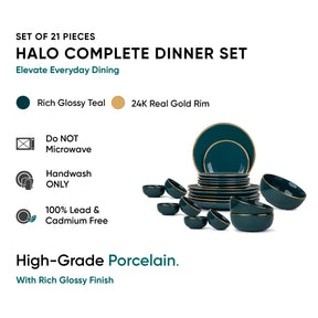 Halo complete dinner set with teal plates and gold rims on a white background