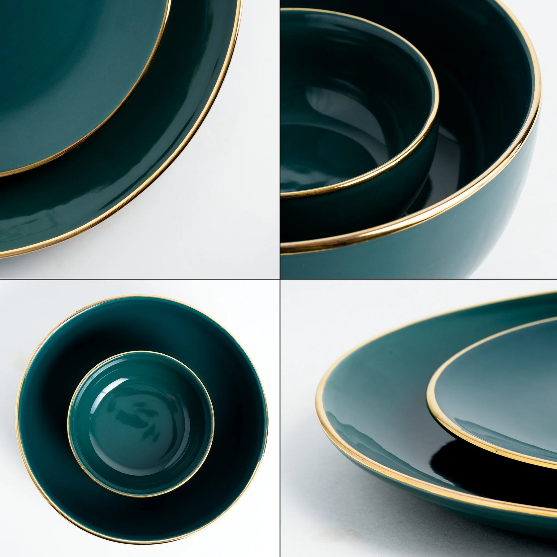 Set of green ceramic plates with gold rims on a white background