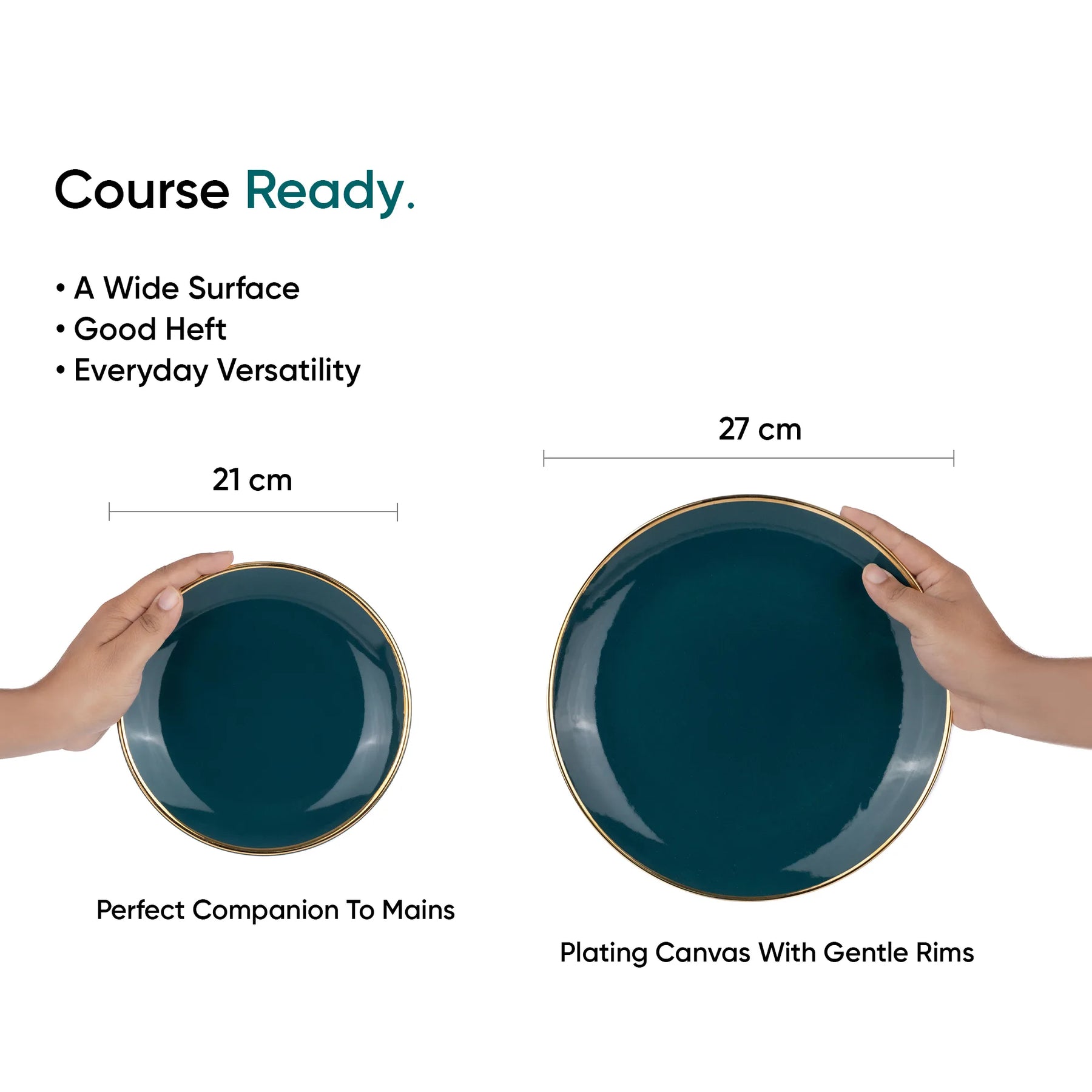 Two hands holding blue plates with measurements and text on a white background