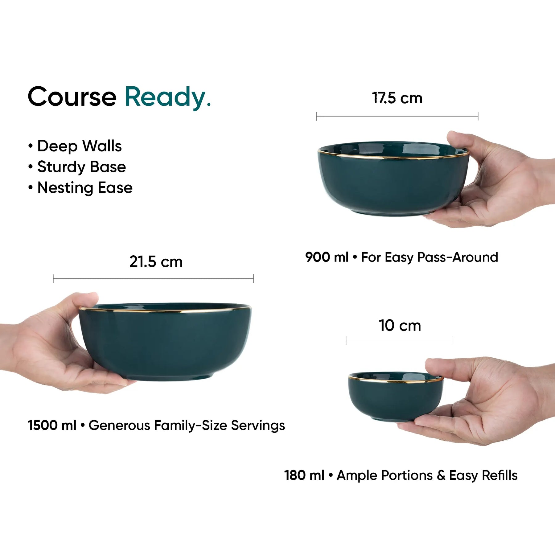 Teal bowls held by hands with measurements and text on a white background