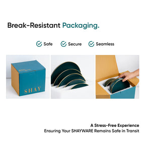 Advertisement for break-resistant packaging with SHAY branding, showing a box and items being placed inside.