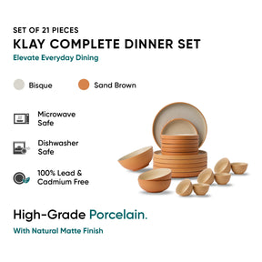 Klay Complete Dinner Set with 21 pieces on a white background, featuring Bisque and Sand Brown colors.