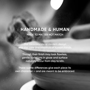 Black and white image of a ceramic piece with text about handmade ceramics.