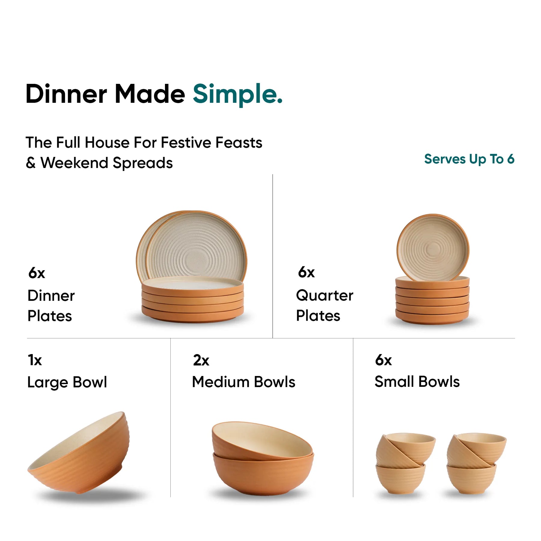Set of wooden dinnerware with text indicating the quantity and serving capacity.