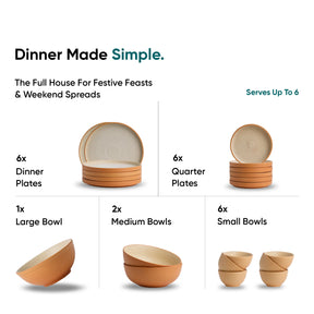 Set of wooden dinnerware with text indicating the quantity and serving capacity.