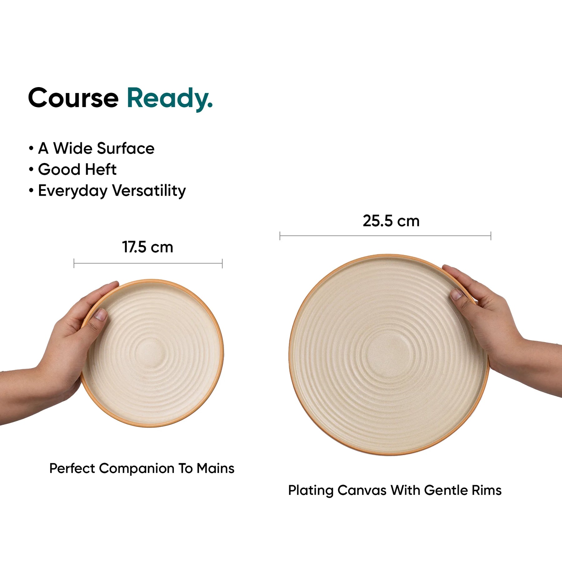 Two hands holding ceramic plates with measurements and text about their features.