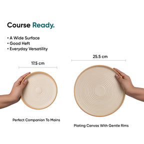 Two hands holding ceramic plates with measurements and text about their features.