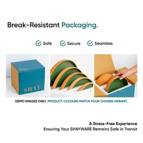 Advertisement for break-resistant packaging with SHAY branding, showing a blue box and green and orange curved packaging.