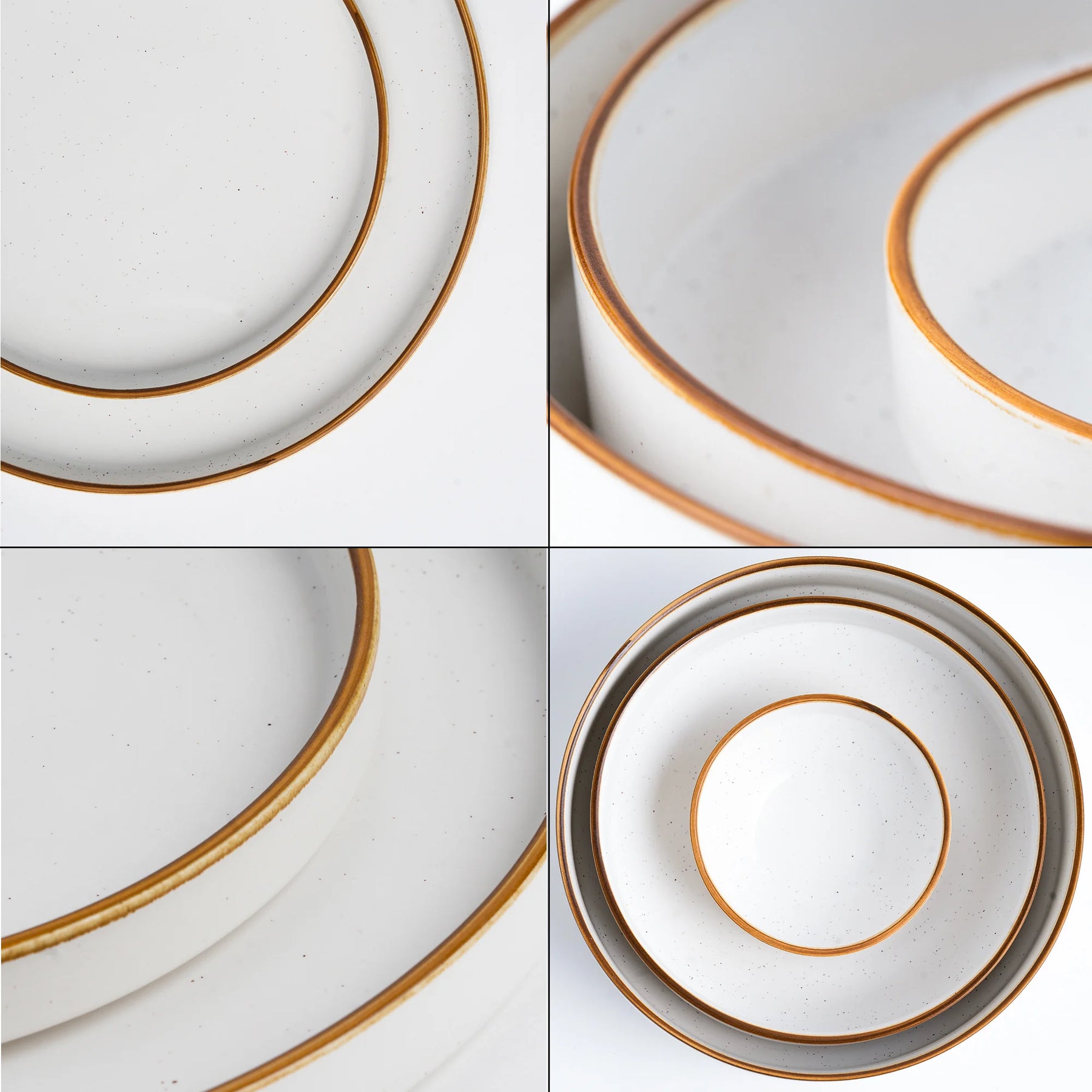 Set of white plates with gold rims arranged in a grid pattern.
