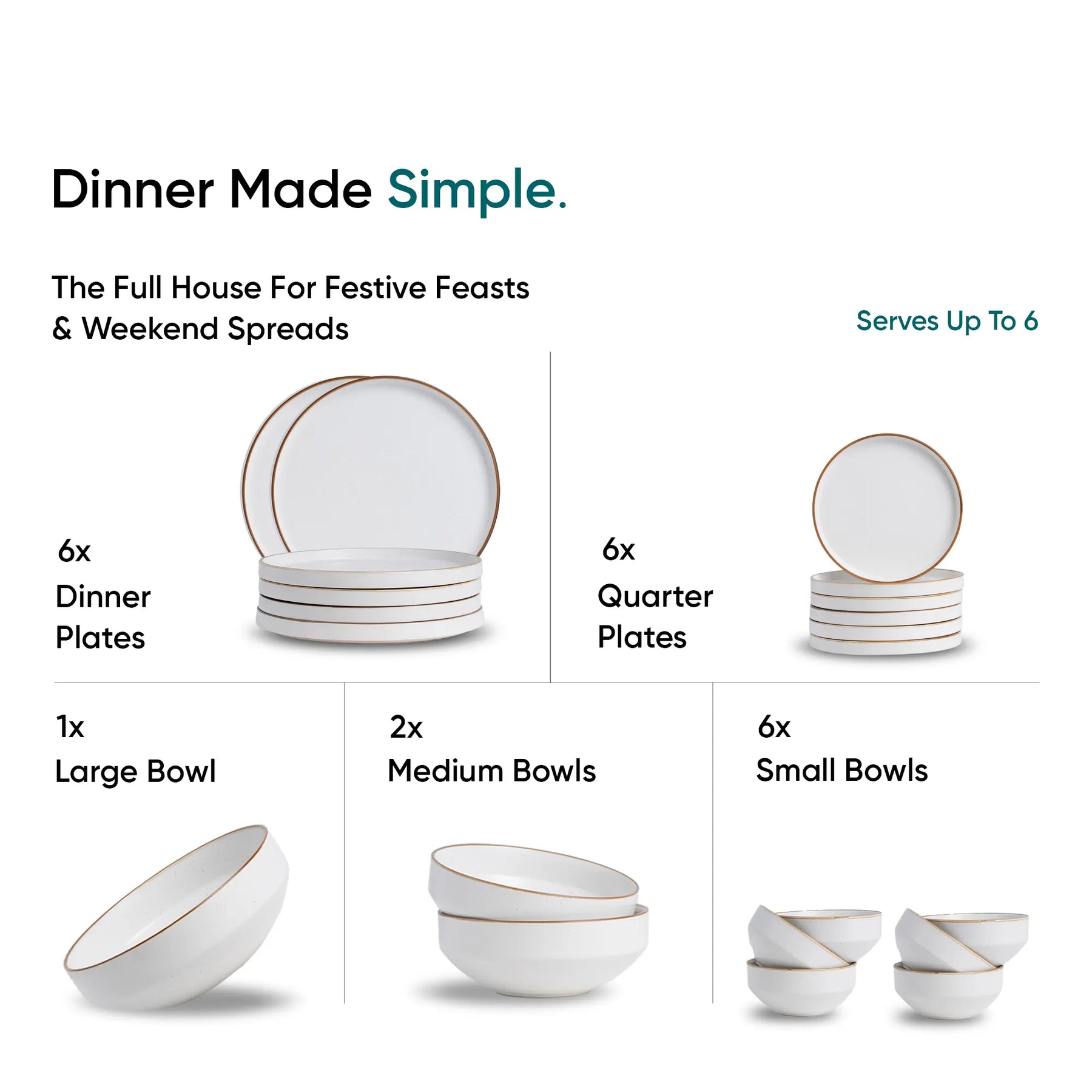 Dinnerware set with plates, bowls, and text on a white background