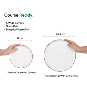 Two hands holding white plates with dimensions and text about their features.