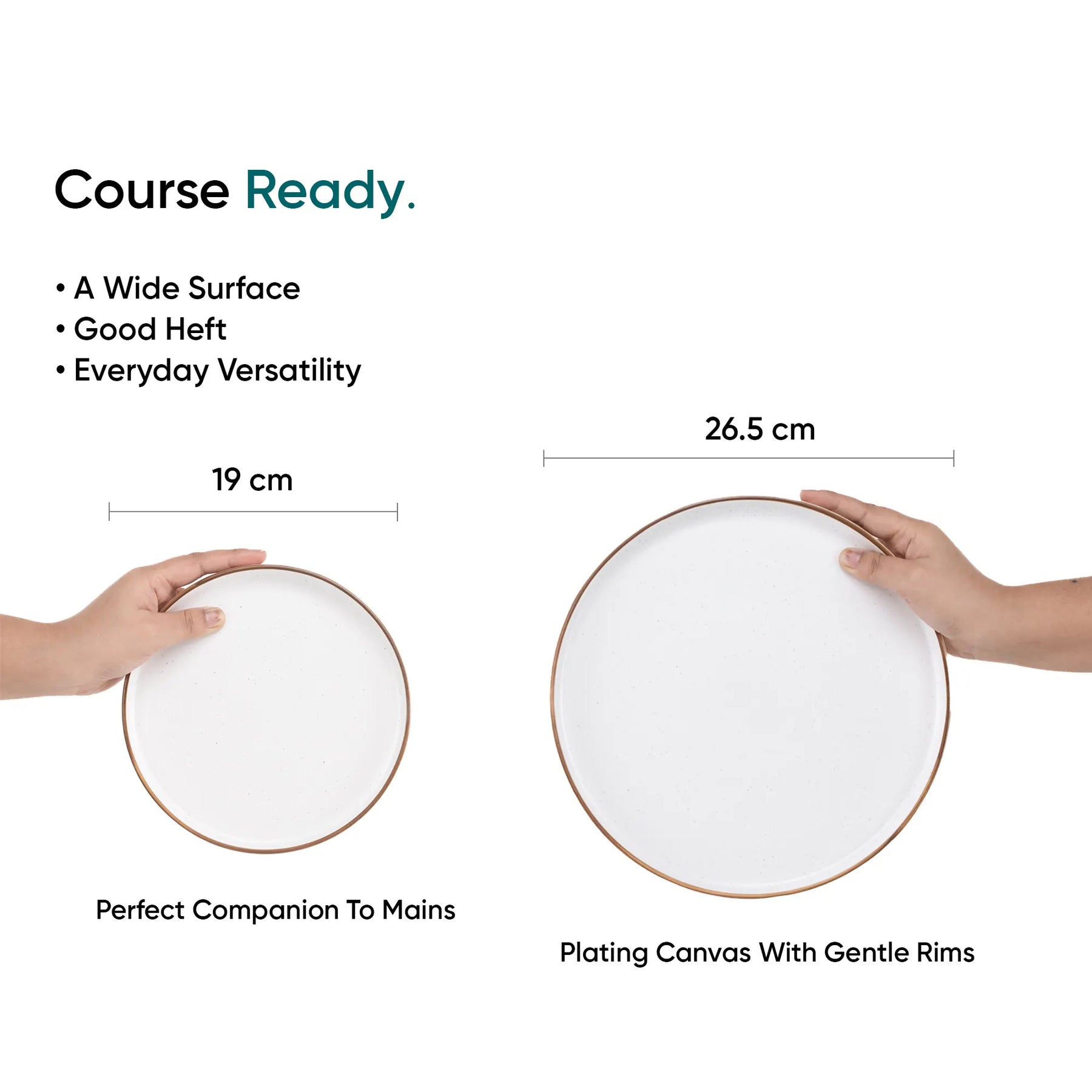 Two hands holding white plates with dimensions and text about their features.