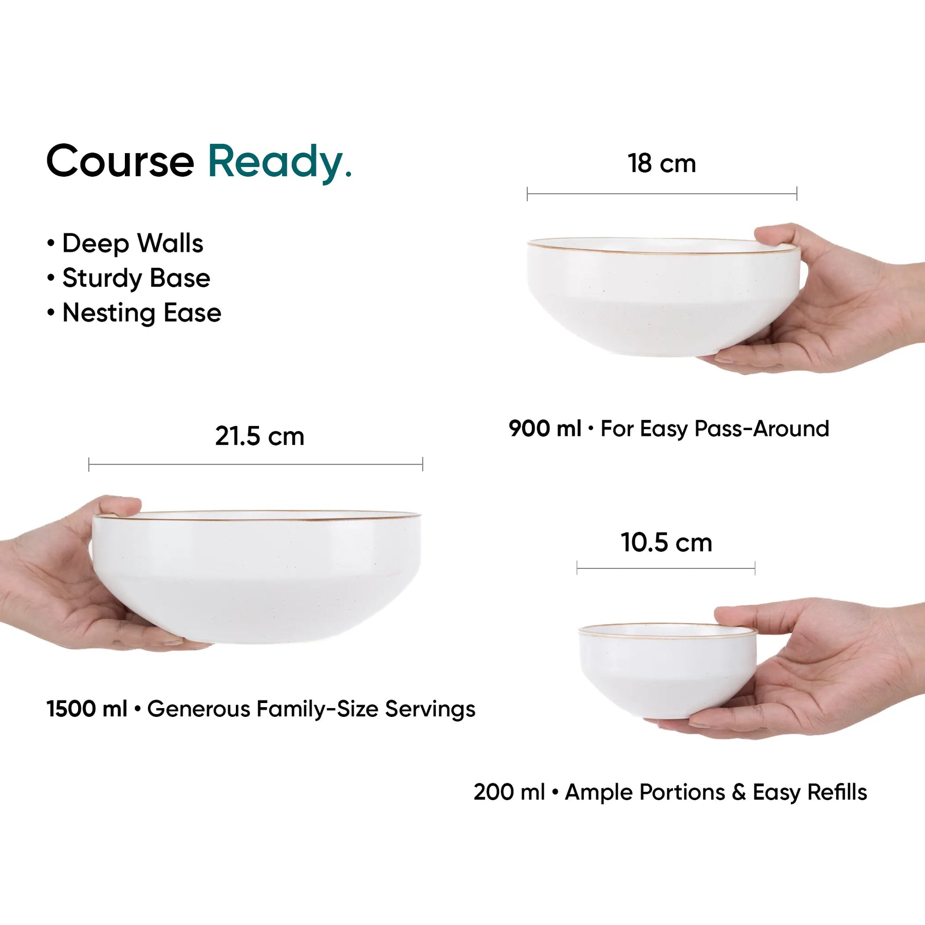 White ceramic bowls with measurements and text on a white background