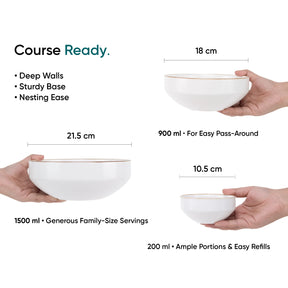 White ceramic bowls with measurements and text on a white background