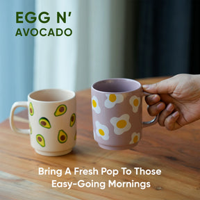 Ceramic Mug Set of 2 – Egg & Avocado | 300ml | Glossy Finish | Porcelain
