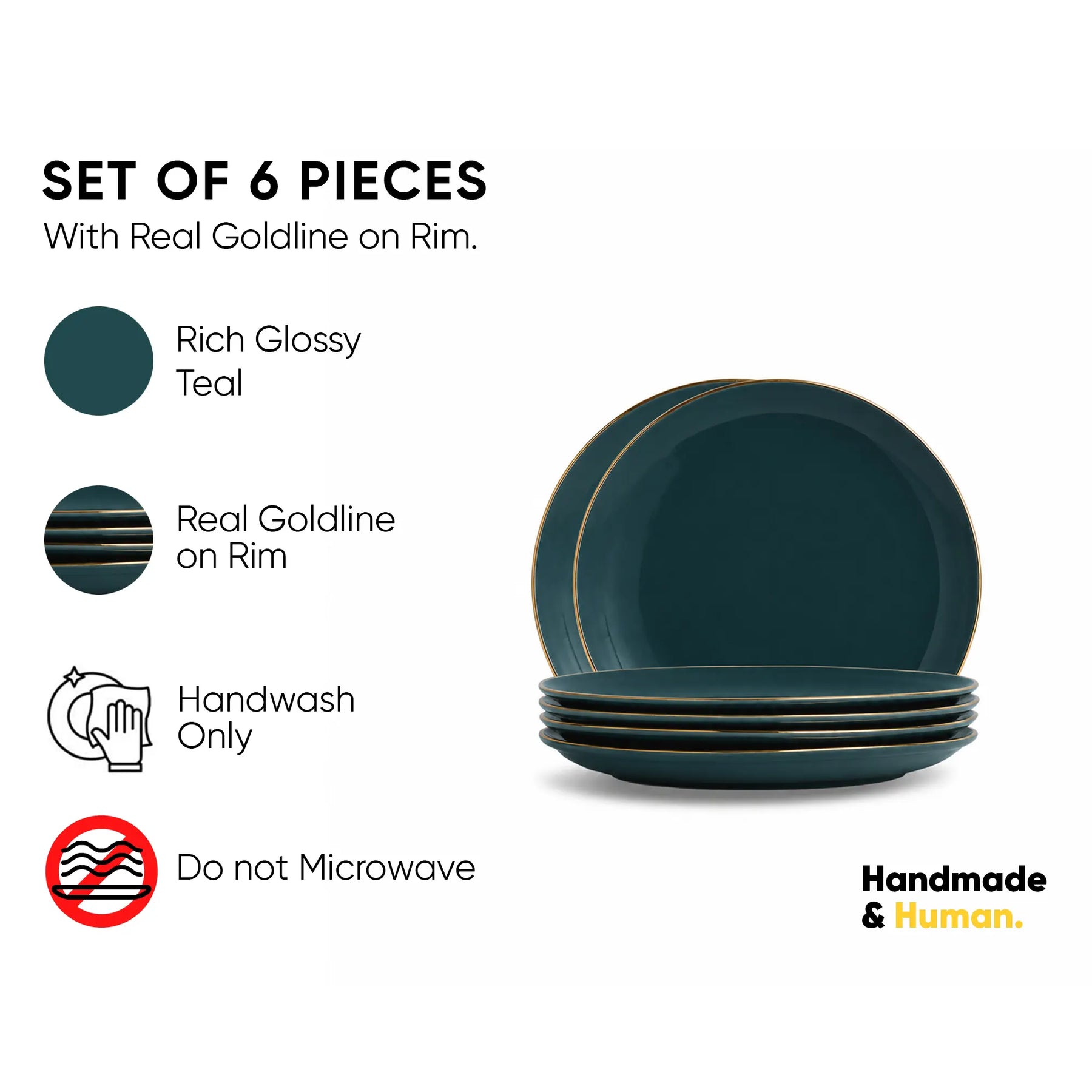 Ceramic Dinner Plates Set, 6 Pieces, Teal Gold, Goldline Collection