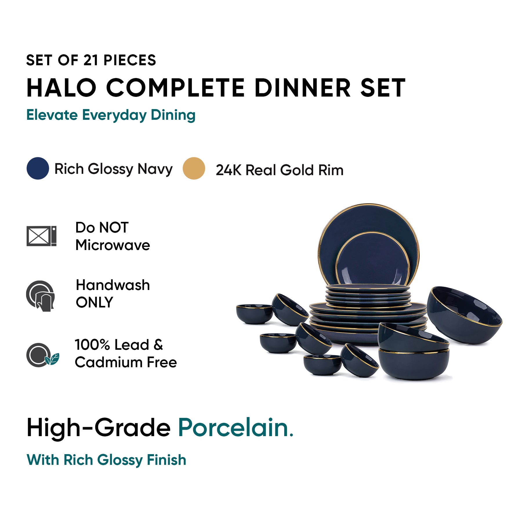 Ceramic Dinner Set | Halo Collection | 21 Pieces | Dinner Set For 6 | Navy