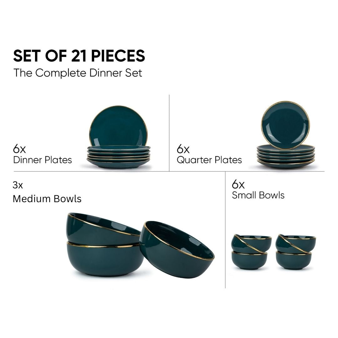 Ceramic Dinner Set | Halo Collection | 21 Pieces | Dinner Set For 6 | Teal