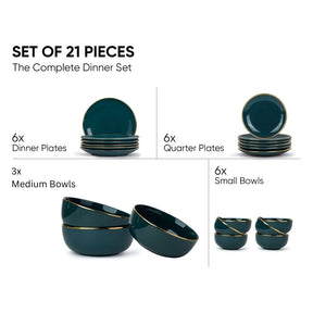 Ceramic Dinner Set | Halo Collection | 21 Pieces | Dinner Set For 6 | Teal
