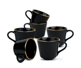 Ceramic Tea Cup Set of 6, Black with Real Gold Line, 180ml | Glossy Finish | Real Gold Line