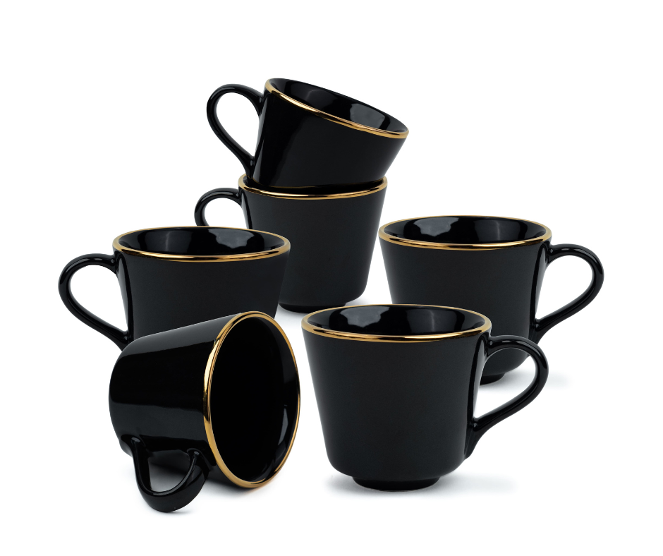 Ceramic Tea Cup Set of 6, 180 ml, Real Gold Line