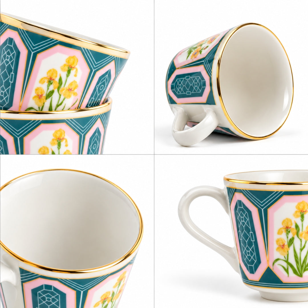 Parterre Ceramic Tea Cups with Gold Rim – 180 ML | Set of 6