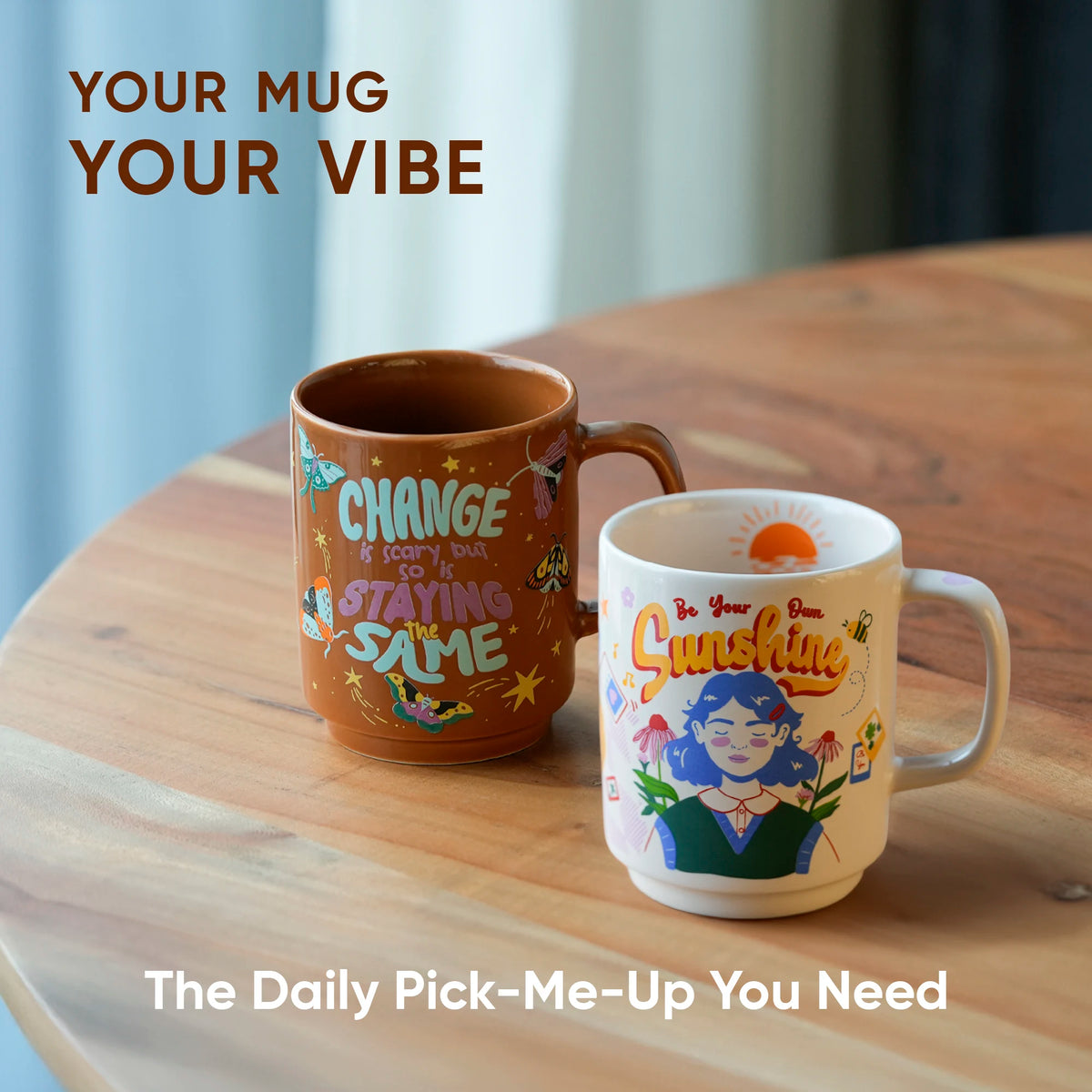 Ceramic Mug Set of 2 – Sunshine & Change Is Scary | 300ml | Glossy Finish | Porcelain