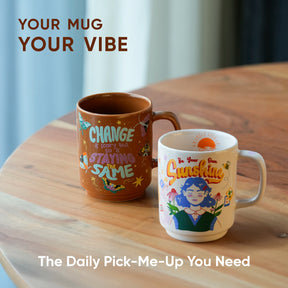 Ceramic Mug Set of 2 – Sunshine & Change Is Scary | 300ml | Glossy Finish | Porcelain