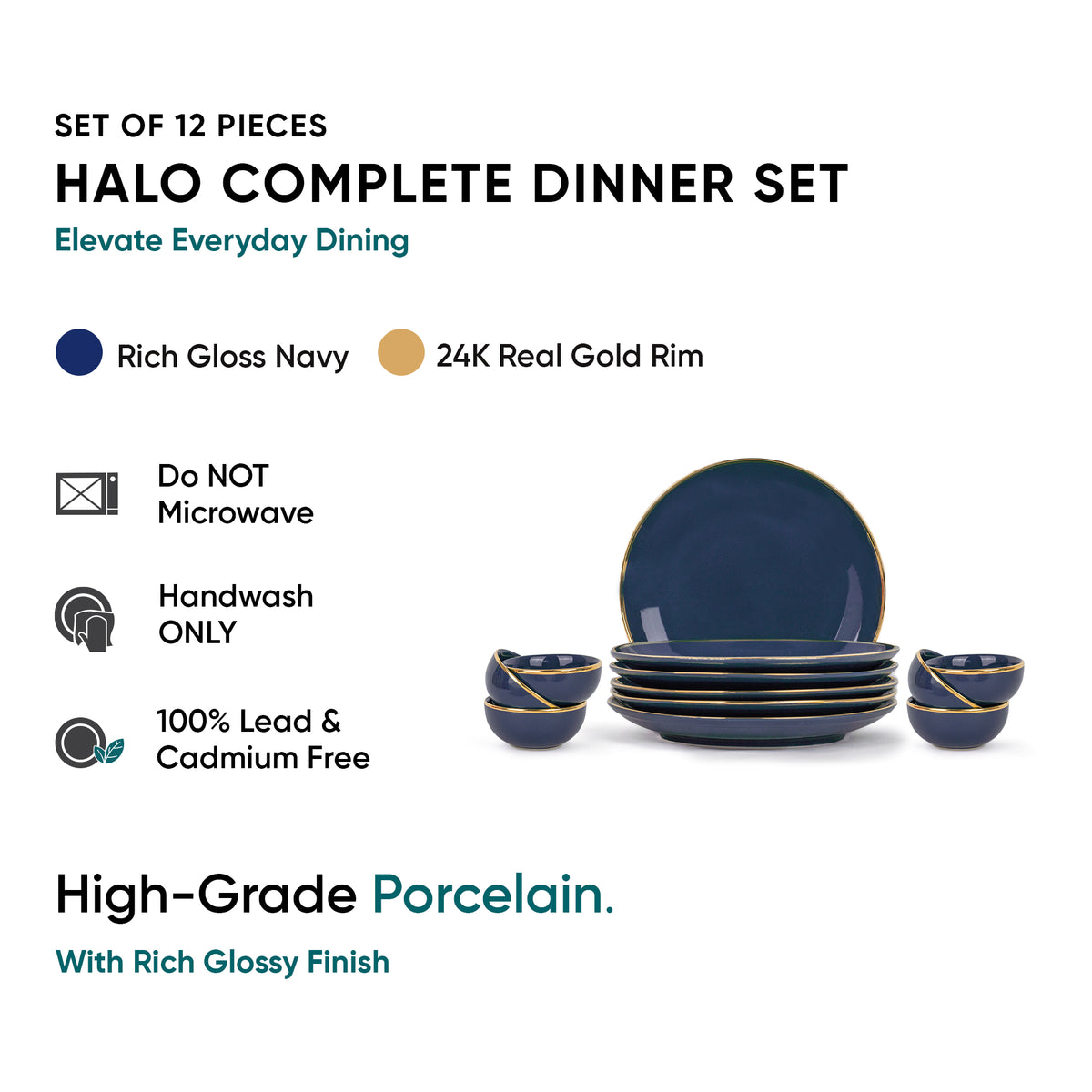 Ceramic Dinner Set | Halo Collection | 12 Pieces | Navy