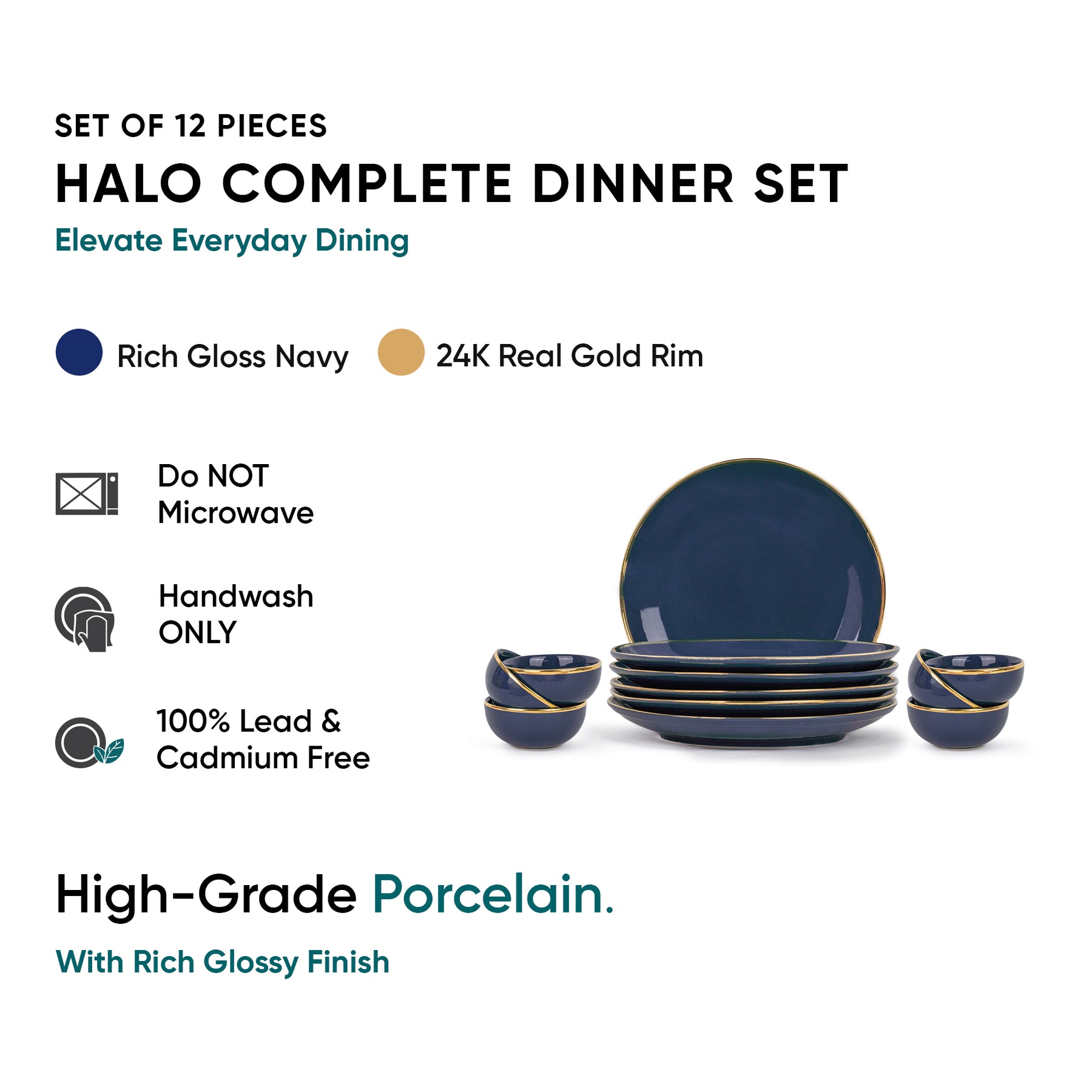 Ceramic Dinner Set | Halo Collection | 12 Pieces | Navy