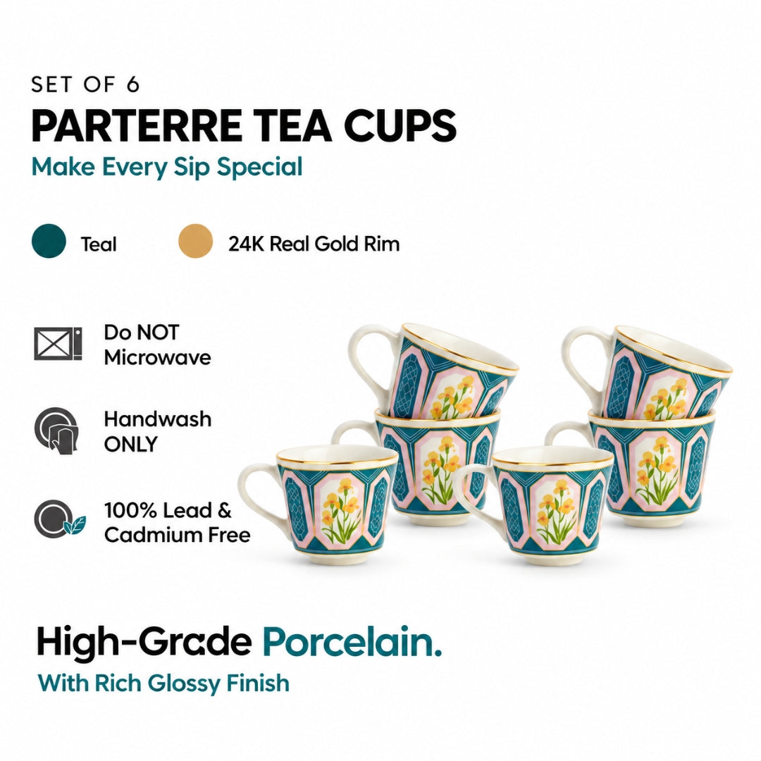 Parterre Ceramic Tea Cups with Gold Rim – 180 ML | Set of 6