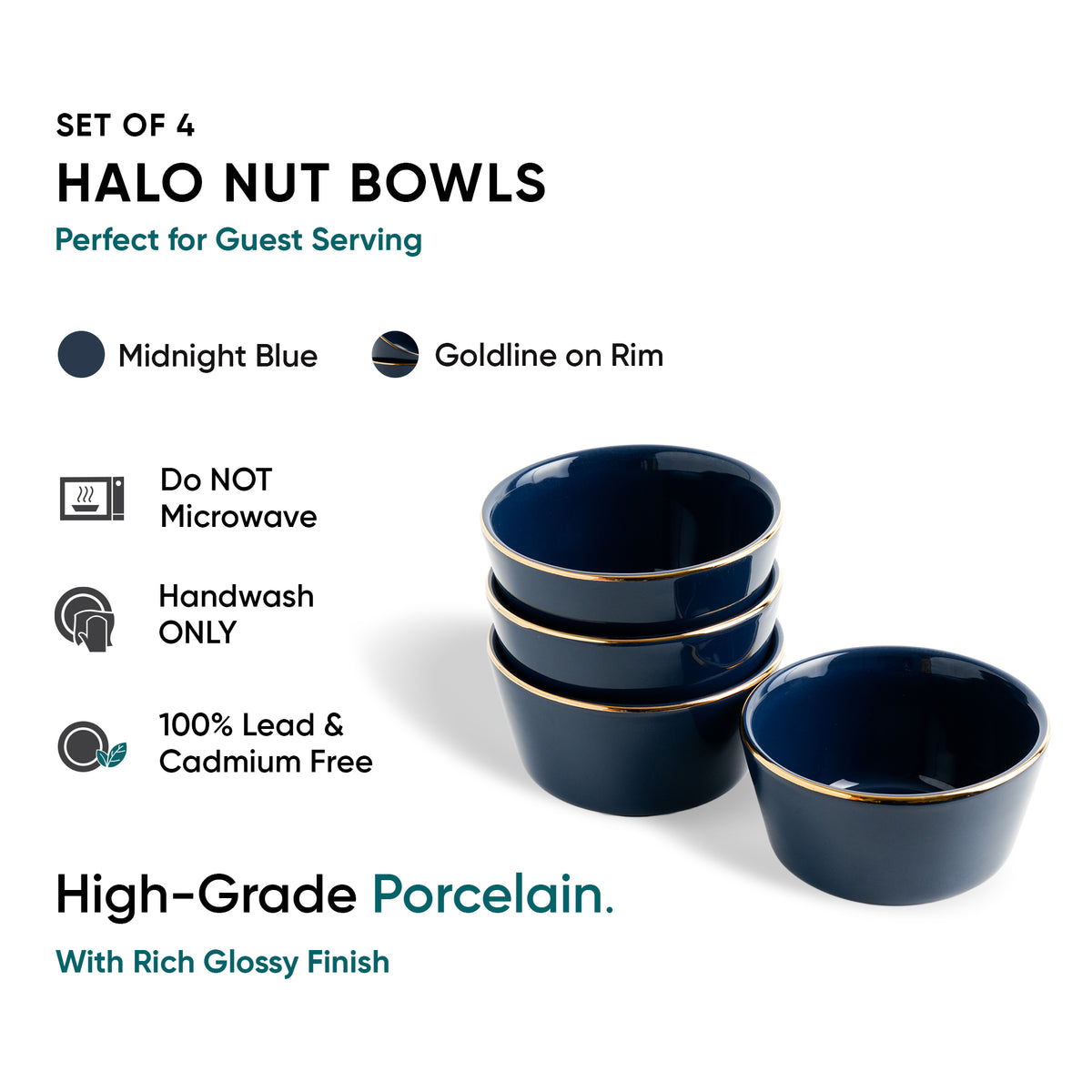 Navy Blue Gold Ceramic Nut Bowls – Set of 4 | Gold Rim