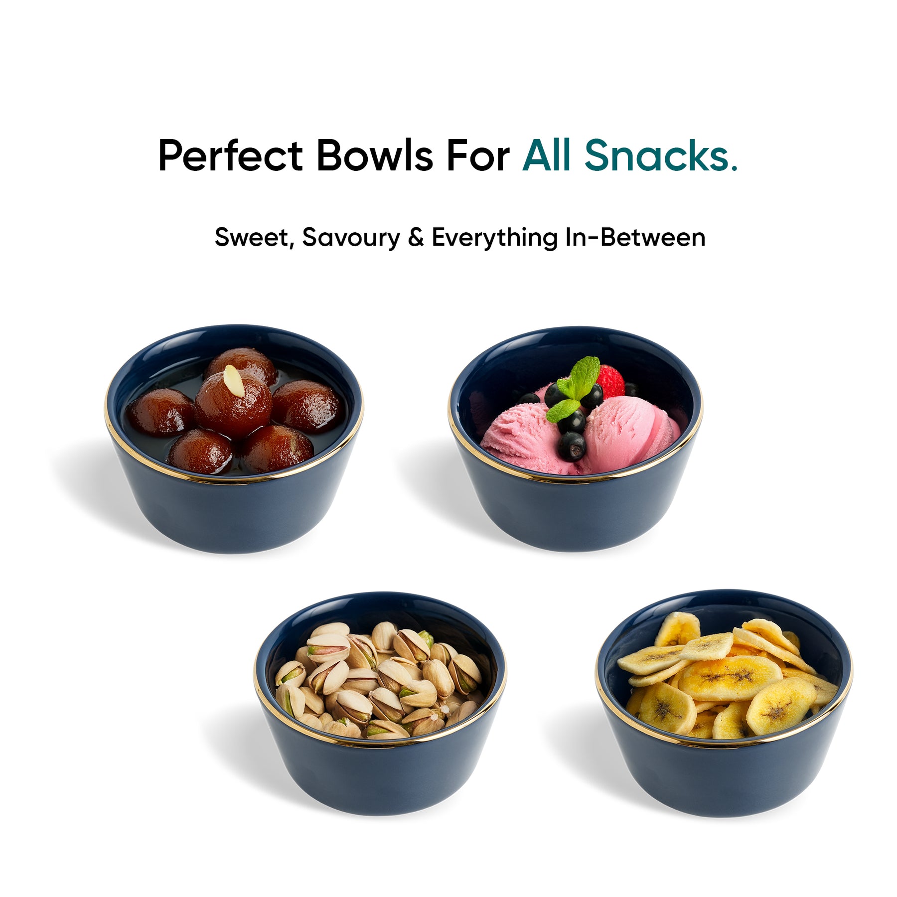 Navy Blue Gold Ceramic Nut Bowls – Set of 4 | Gold Rim