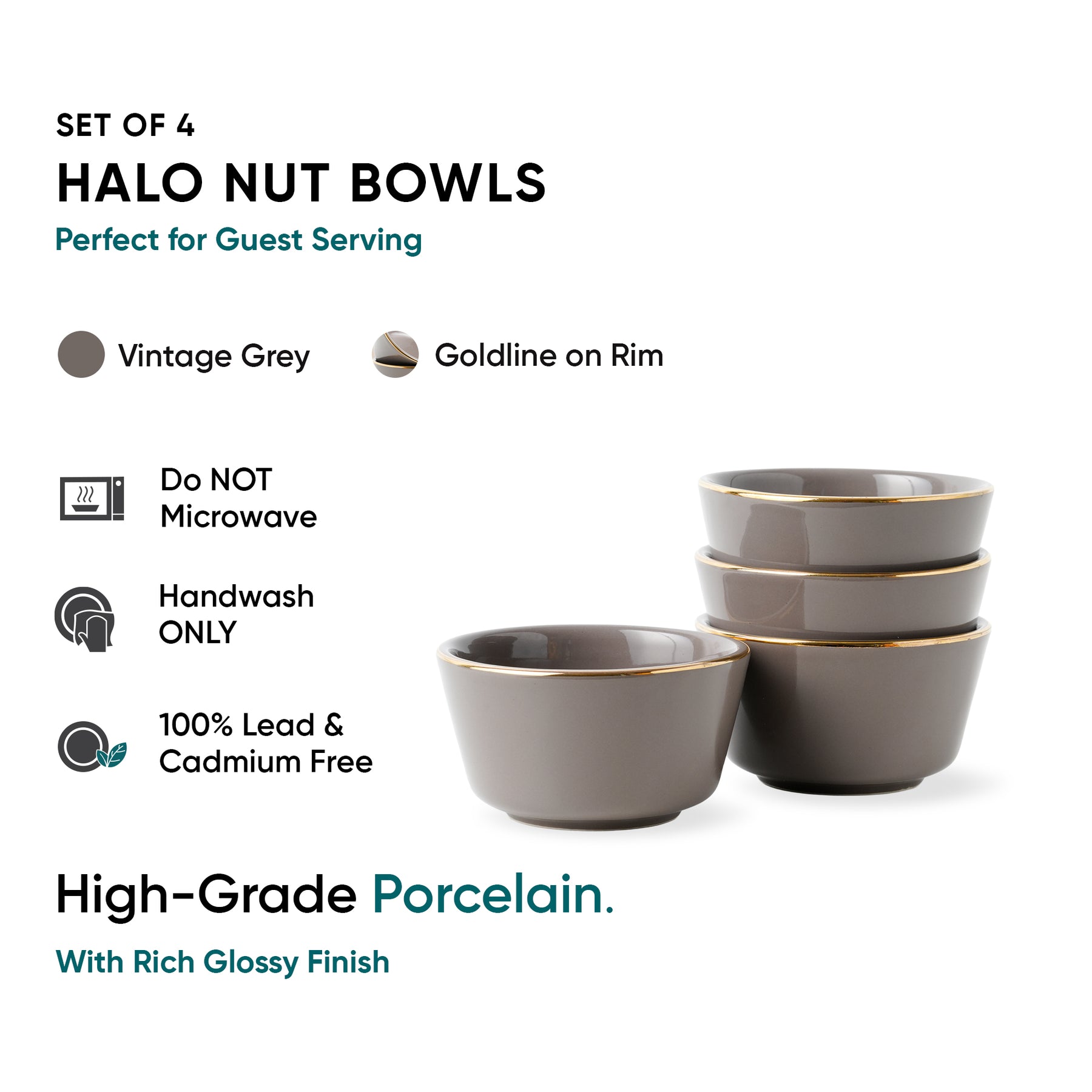 Grey Gold Ceramic Nut Bowls – Set of 4 | Gold Rim