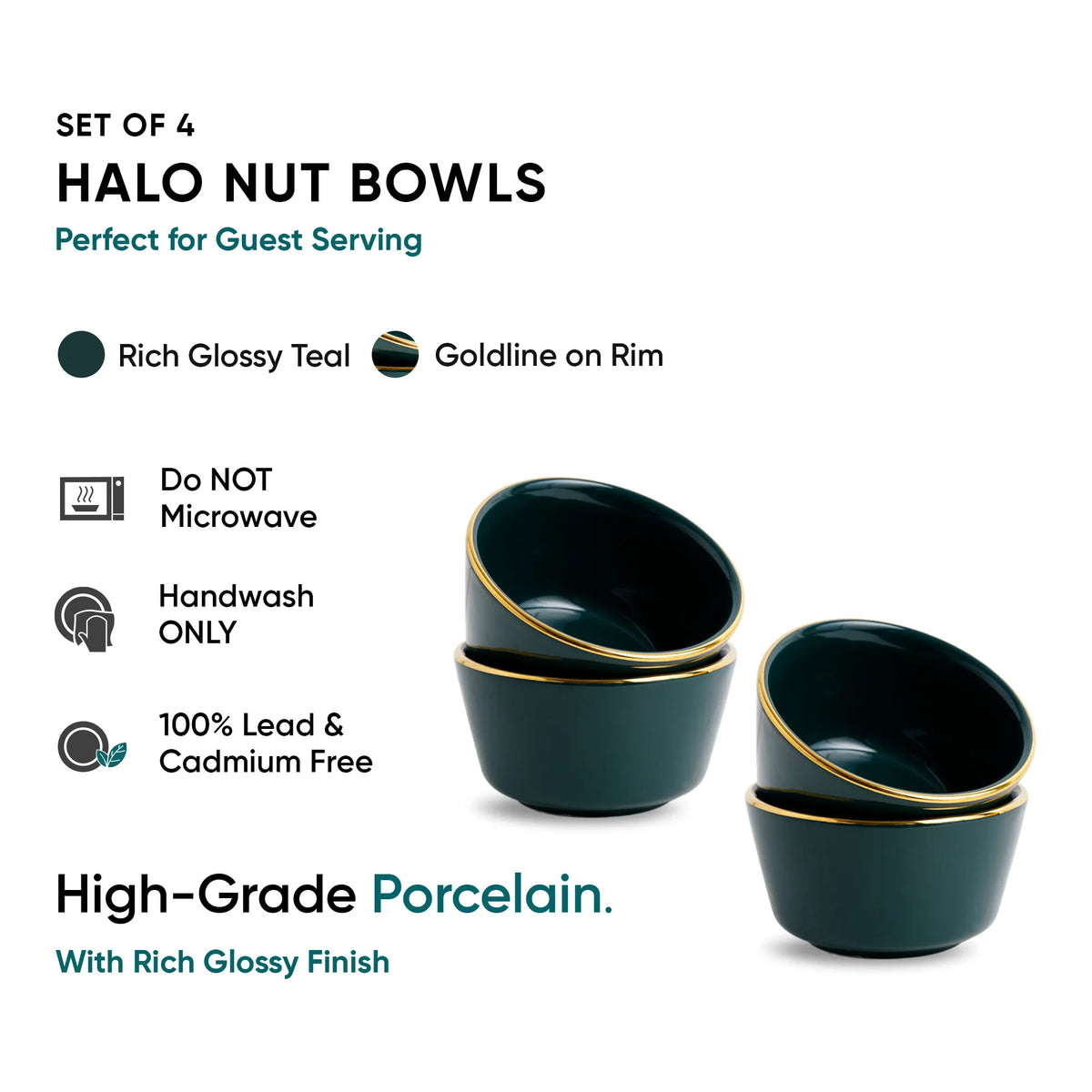 Teal Gold Ceramic Nut Bowls – Set of 4 | Gold Rim