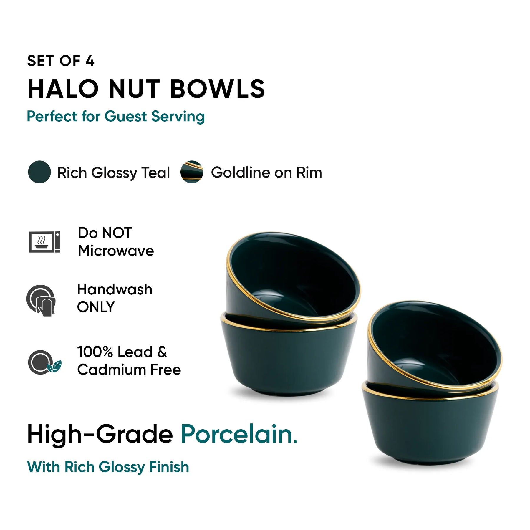 Teal Gold Ceramic Nut Bowls – Set of 4 | Gold Rim