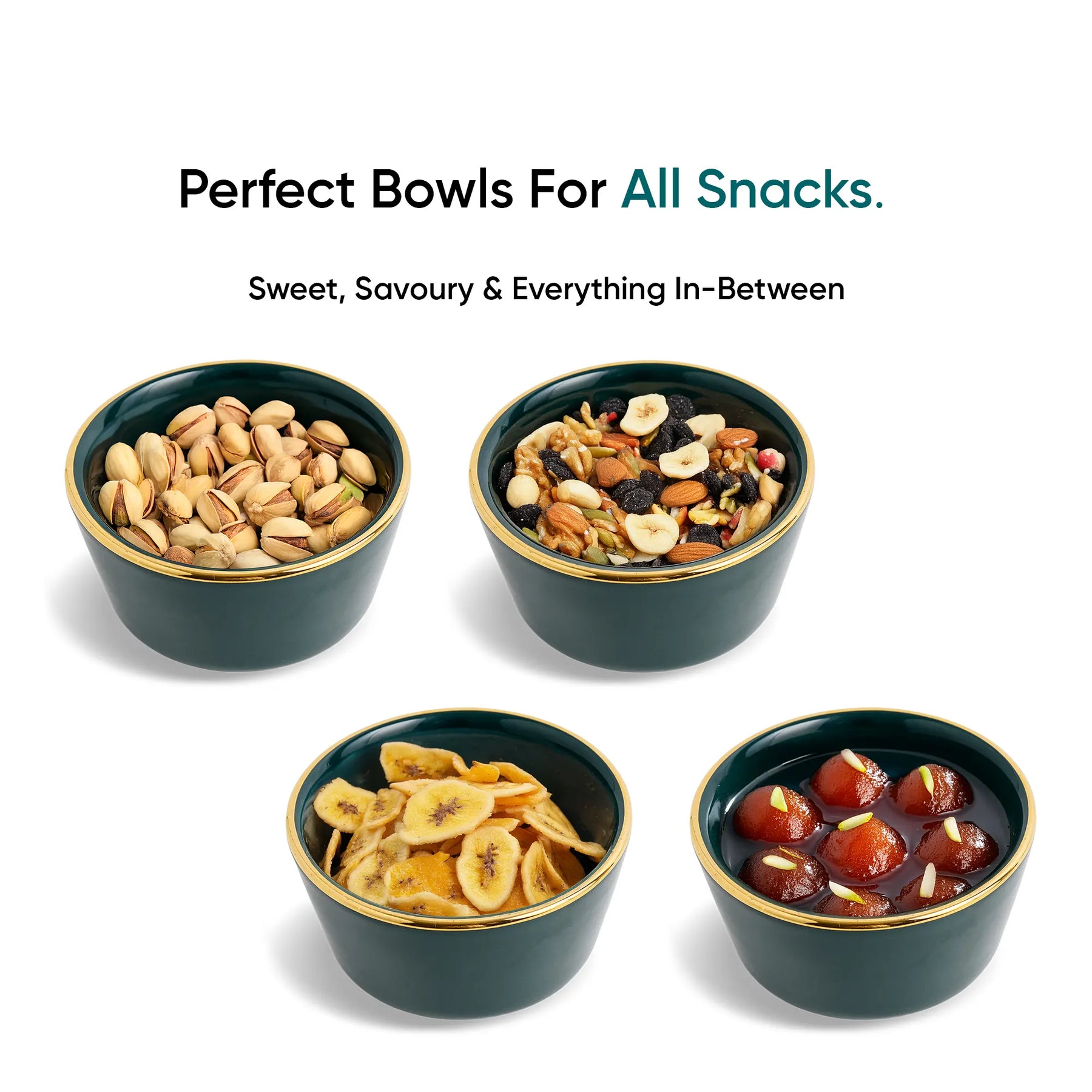 Teal Gold Ceramic Nut Bowls – Set of 4 | Gold Rim