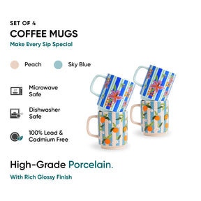 Set of four coffee mugs with colorful designs on a white background