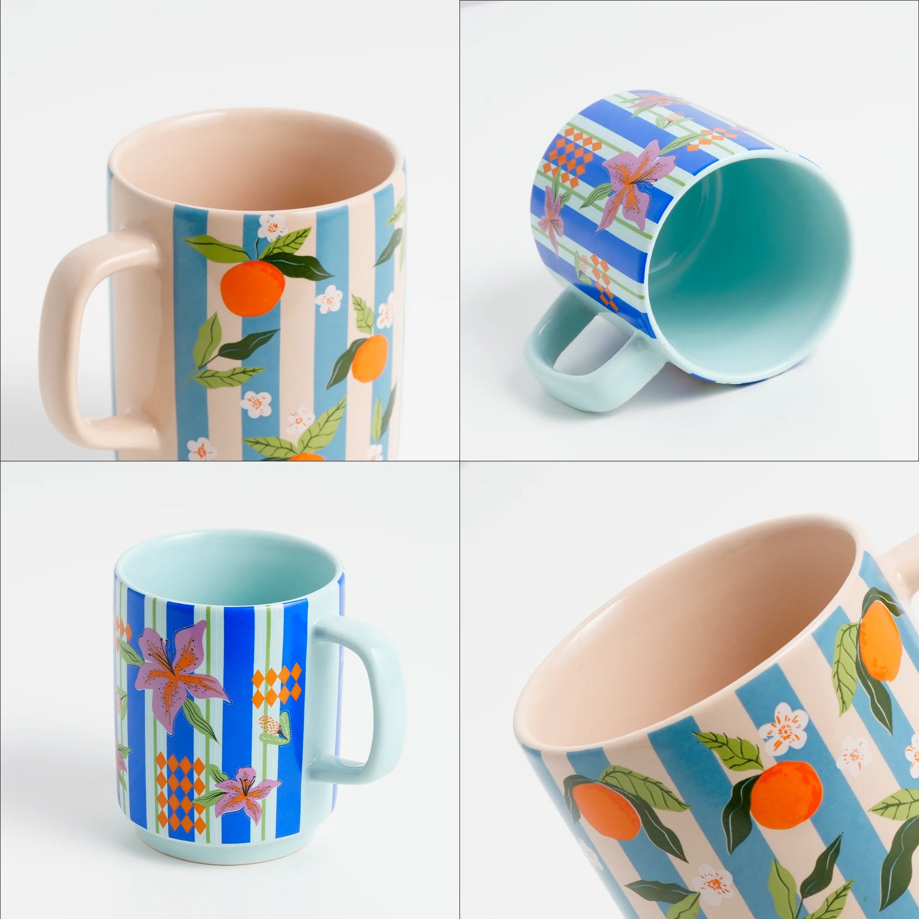 Set of four mugs with different patterns on a white background