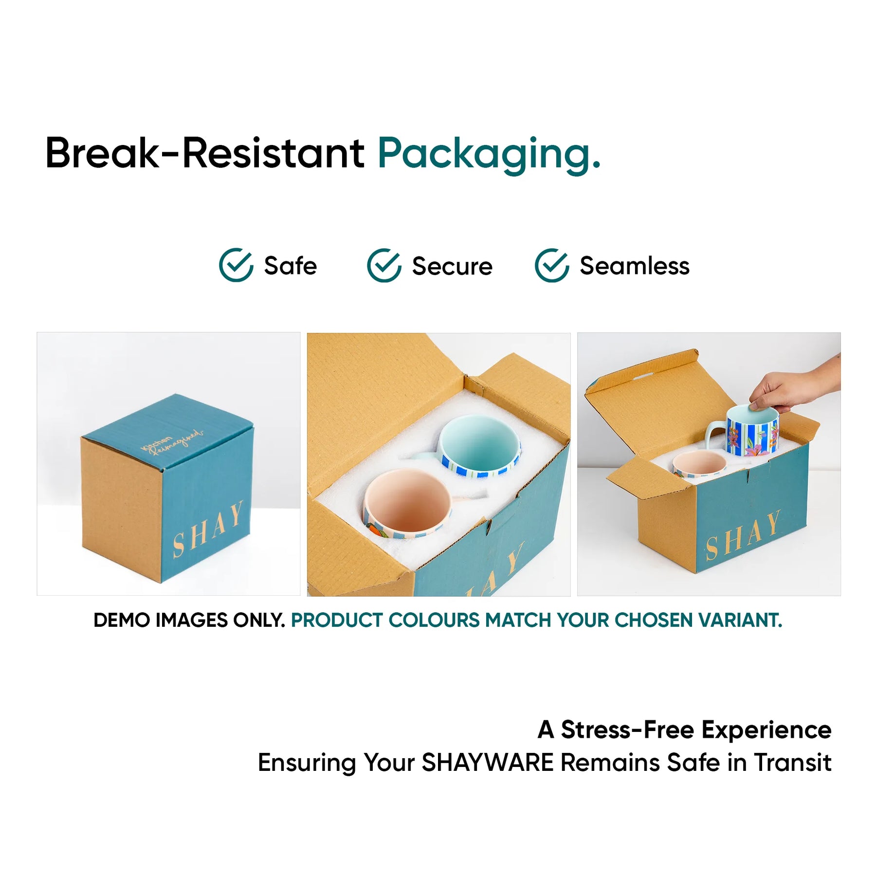 SHAY break-resistant packaging with cups and boxes on a white background