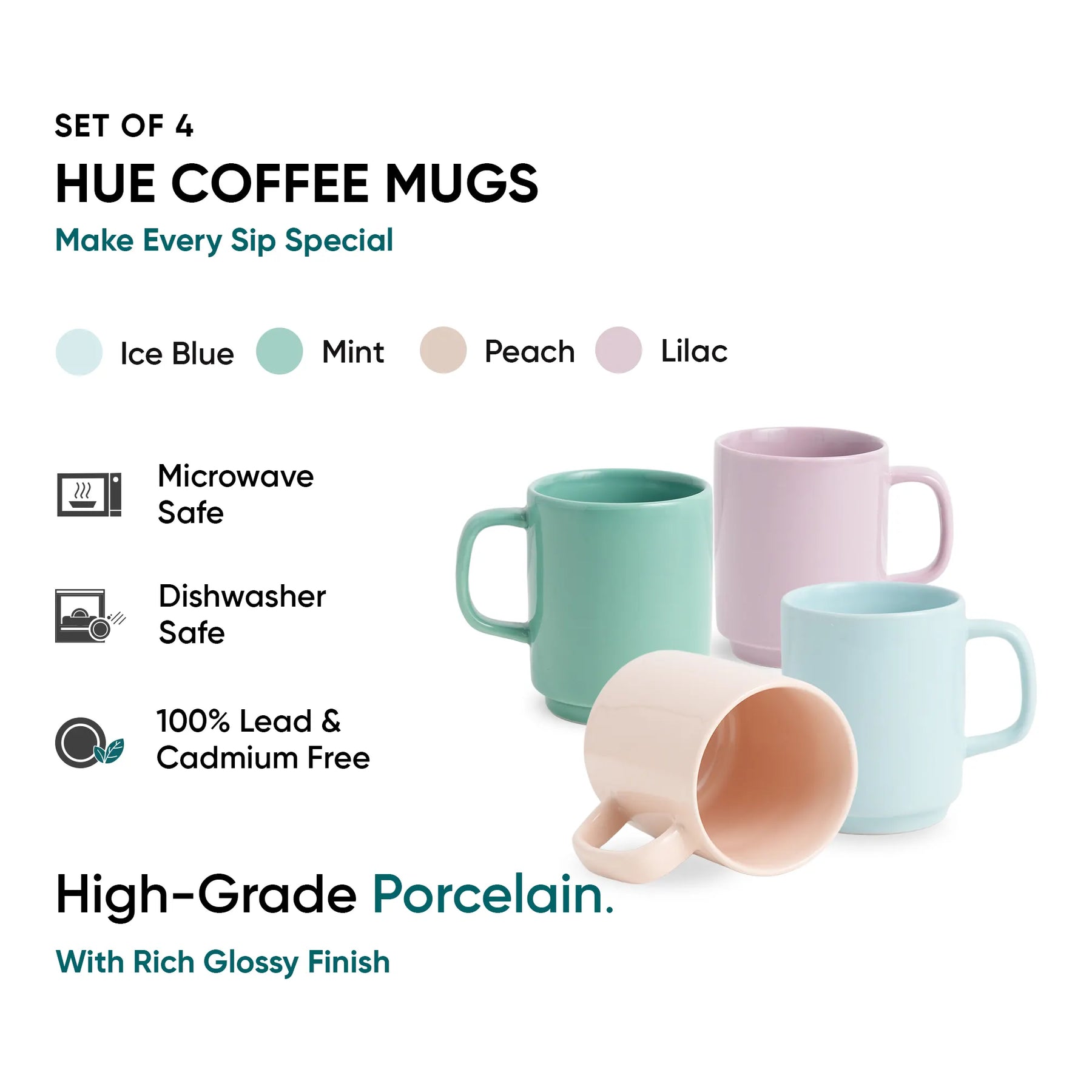 Set of four Hue coffee mugs in different colors on a white background with product details.