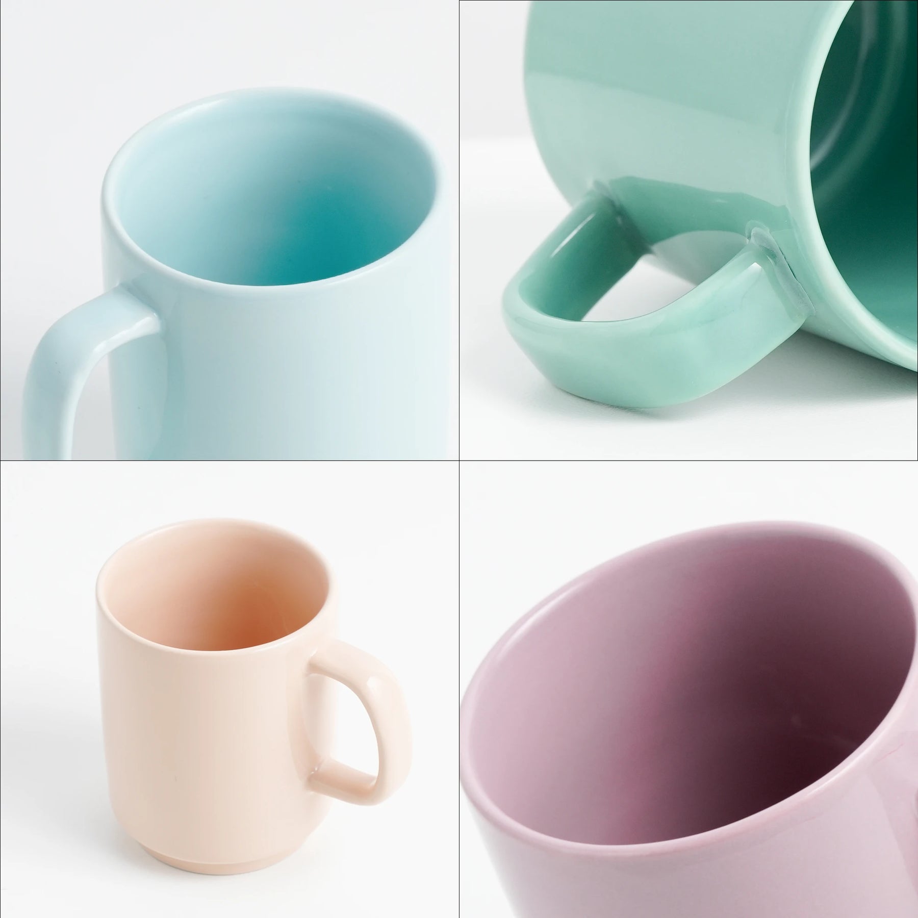 Four different colored mugs shown in a grid layout on a white background.