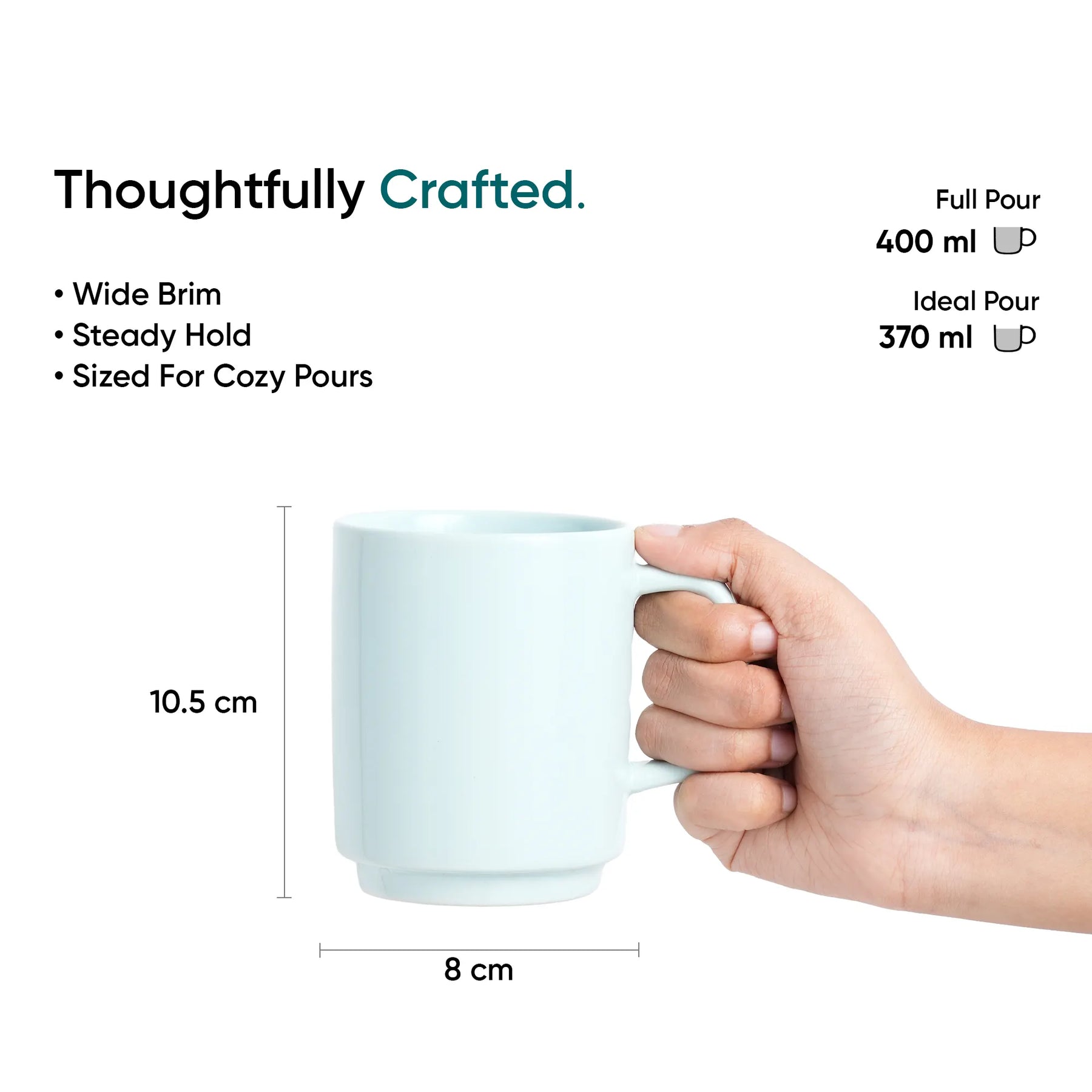 Mug held by a hand with measurements and text on a white background