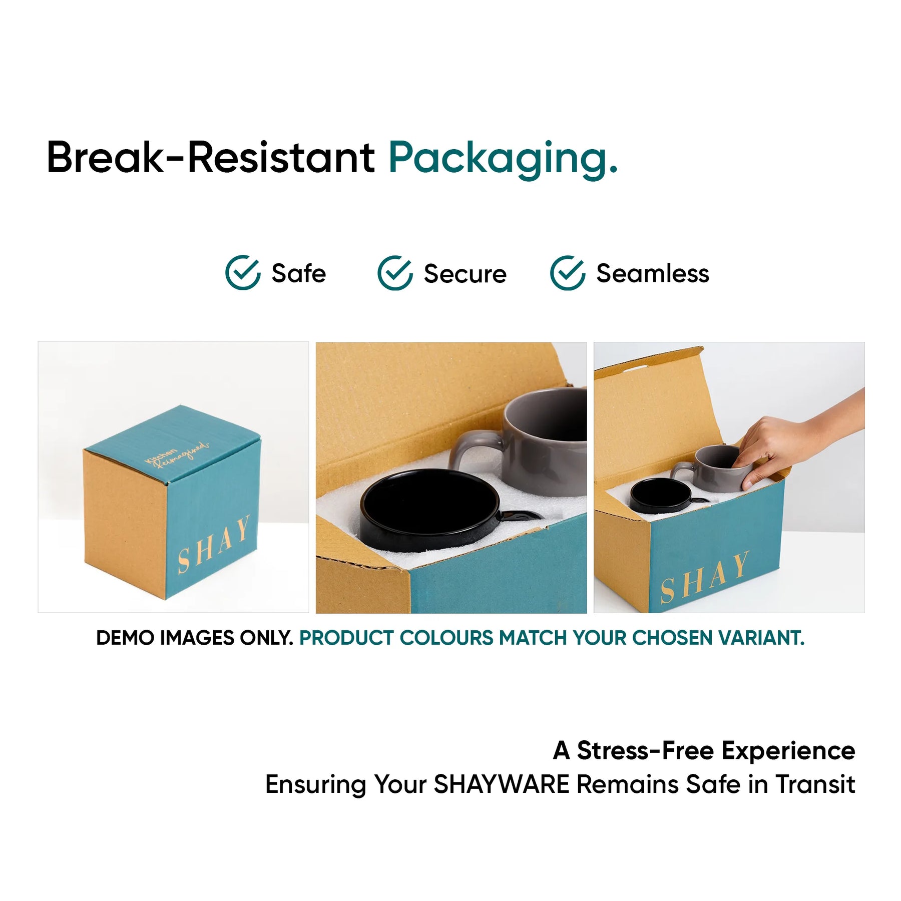 Advertisement for break-resistant packaging with SHAY branding, showing a mug and pan in a box.