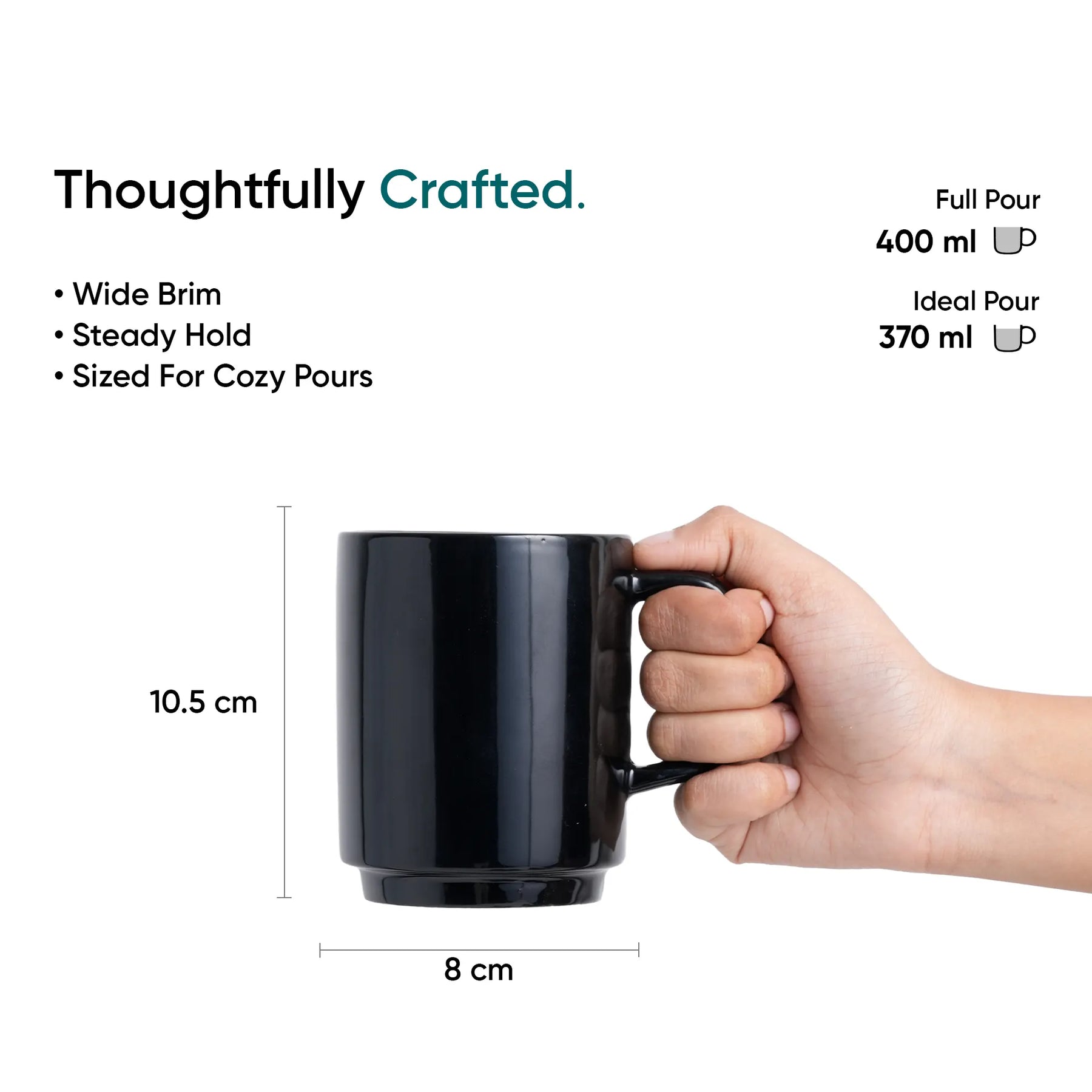 Black mug held by a hand with measurements and text on a white background