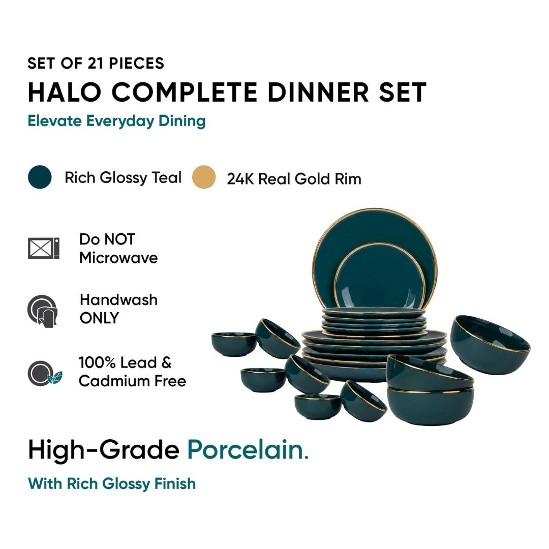Ceramic Dinner Set | Halo Collection | 21 Pieces | Dinner Set For 6 | Teal