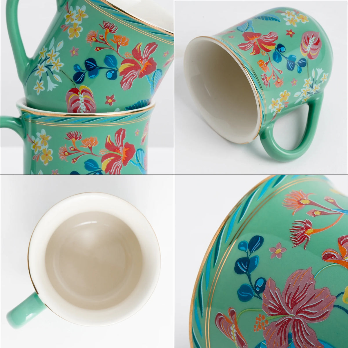 Set of floral-patterned mugs with a turquoise background